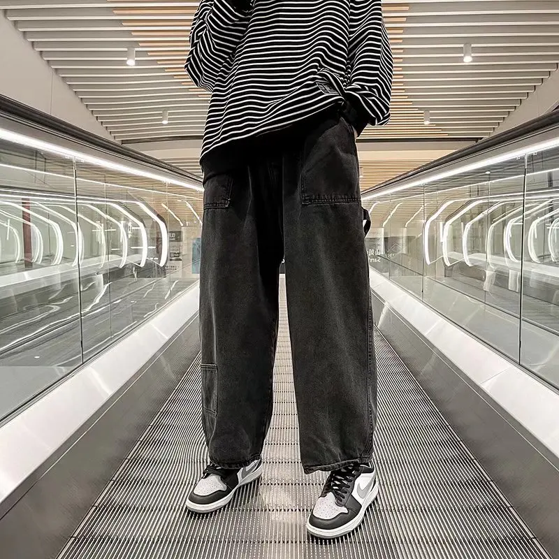 Men's Denim Pants Fashion Loose Wide Leg Jeans Casual Streetwear Printed Cross Trousers Pure Cotton Pants Baggy Men Jeans