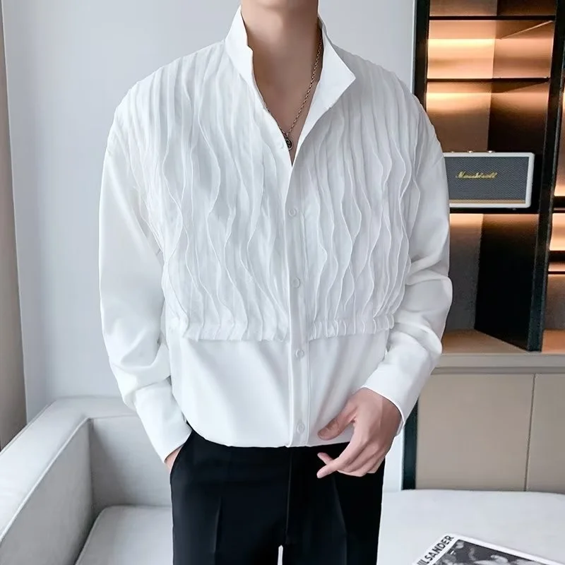 Autumn Black White Long Sleeve Shirt Men Slim Fashion Social Mens Dress Shirt Korean Pleated Shirt Mens Formal Shirt M-3XL