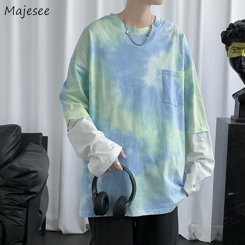 

T-shirts Men Fake Two Pieces Tie Dye Unisex All-match Pockets Loose Trendy O-neck Long Sleeve Basic Casual Harajuku Streetwear
