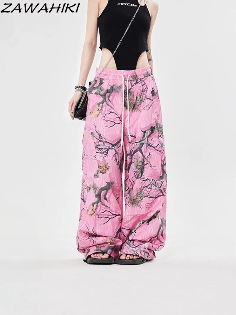 

ZAWAHIKI Chic Designed Loose Drawstring Grunge Print Wide Leg Cargo Pants Women Fashion Vintage Harajuku Casual Lovers Trousers