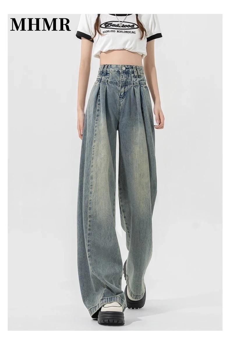 

American Retro Wide-Legged Jeans Female Spring and Fall New High-Waisted Straight Loose Drape Sense of High Street Drag Pants