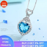fashion tibetan silver s925 necklaces for women wedding charm blue crystal love heart pendant necklace lady engagement jewelry