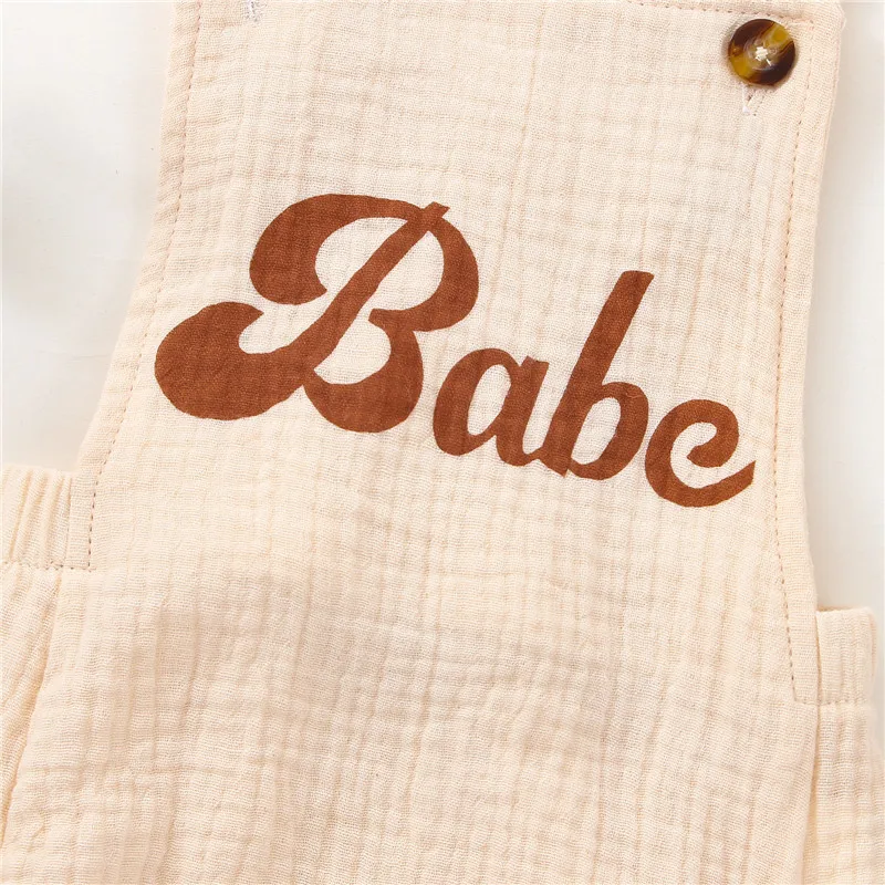 Newborn Kid Summer Rompers Baby Boy Girl Letter Print Cotton Linen Suspender Jumpsuits Playsuits Sunsuit Outfits Newborn Clothes images - 6