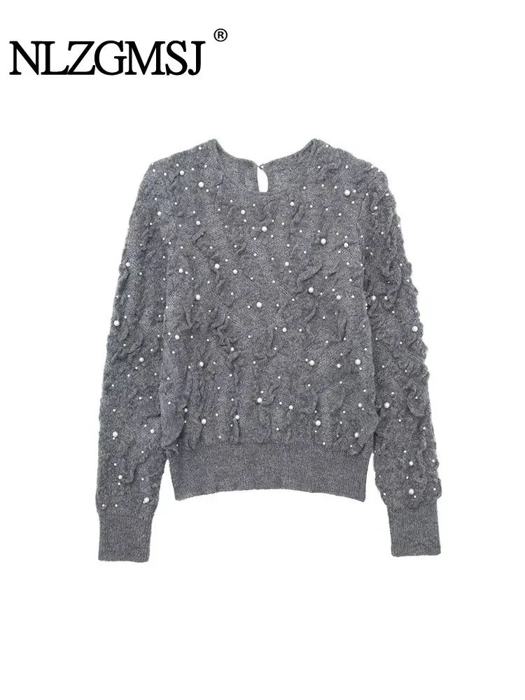Женский вязаный свитер Nlzgmsj TRAF 2024 с искусственным жемчугом длинным рукавом