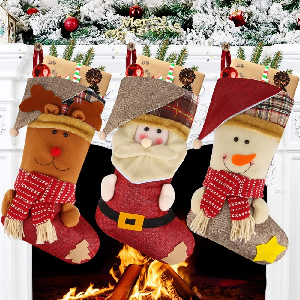 

Рождественские Чулки 18 дюймов, Санта-Клаус, снеговик, олень, Рождественский персонаж, 3D плюшевый пояс, манжеты из искусственного меха, рождественские украшения