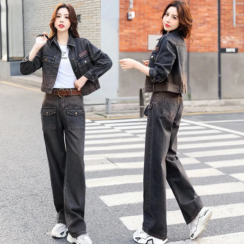 

New in Fashion Temperament Tooling Denim Suits Women's Spring Autumn Cowgirls Jacket + Casual Wide-Leg Pants Two-Piece Sets