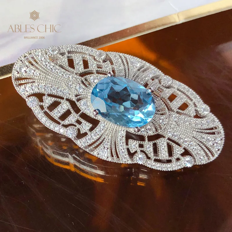 Sterling Silver Renaissance Natural Topaz Brooch Traditional Gemstone CZ Paved Flower Bridal Wedding Pin C11N3S26032