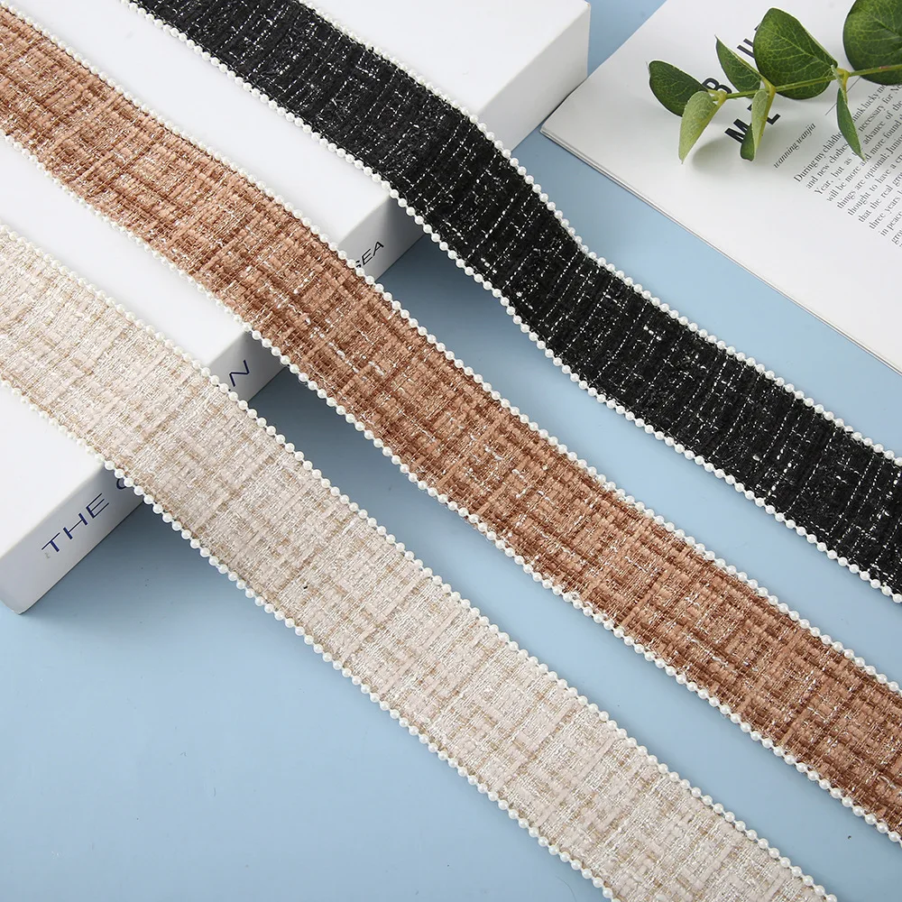 40mm Thick Tweed Check Ribbon With Pearl Beads Embroidery Trim Handmade Bow Hair Ties Accessories Corsage Clips Collar Material