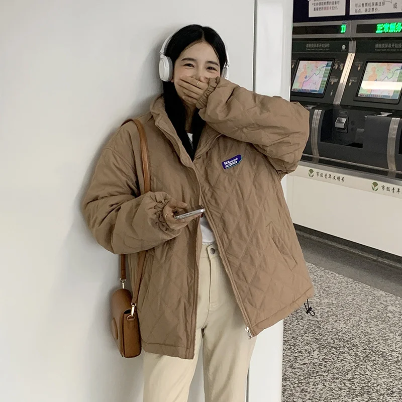 Fashion Women Winter Jacket Stand Collar Oversized Female Cotton Padded Coat Solid Black Khaki Female Parkas Clothes