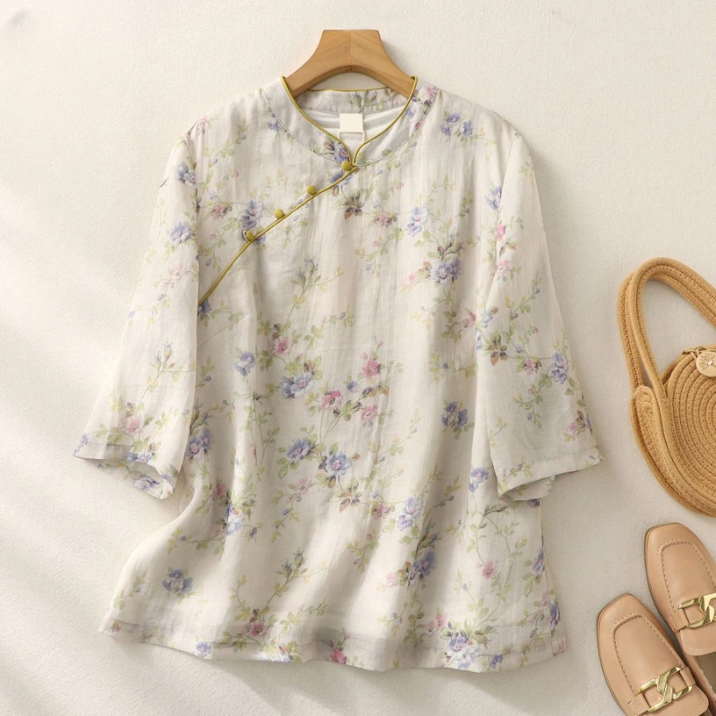 

YCMYUNYAN Chinese Style Women's Shirts Vintage Prints Blouses Ladies Clothing Summer 2023 Loose Short Sleeves Cotton Linen Tops
