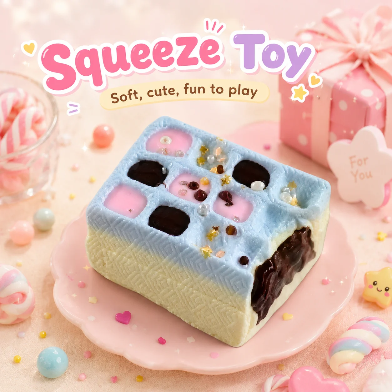 Фото Мягкая силиконовая игрушка-сквиш Kawaii Bite Square Pastry Mochi в форме шоколадного розового квадрата с сетчатым узором, пищевой силикон, для детей №1