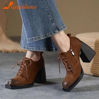 krainluna hot sale genuine leather square high heels lace up women pumps concise formal offices dressing fashion shoes woman