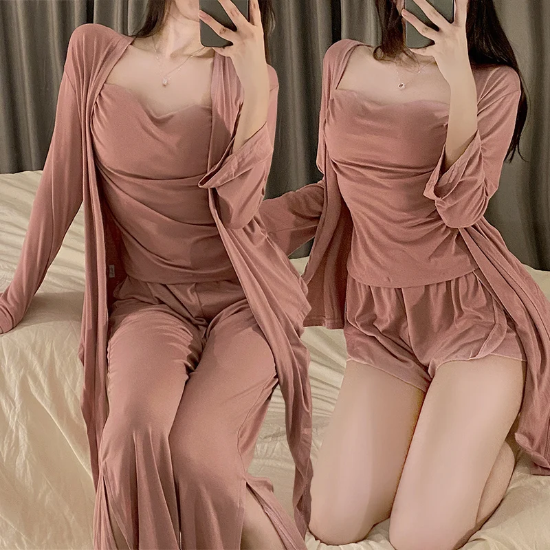

2022 Autumn 4PCS Sexy Lace Lingerie Modal Robes Pajama Sets for Women Korean Sleepwear Pyjama Homewear Pijama Mujer Home Clothes