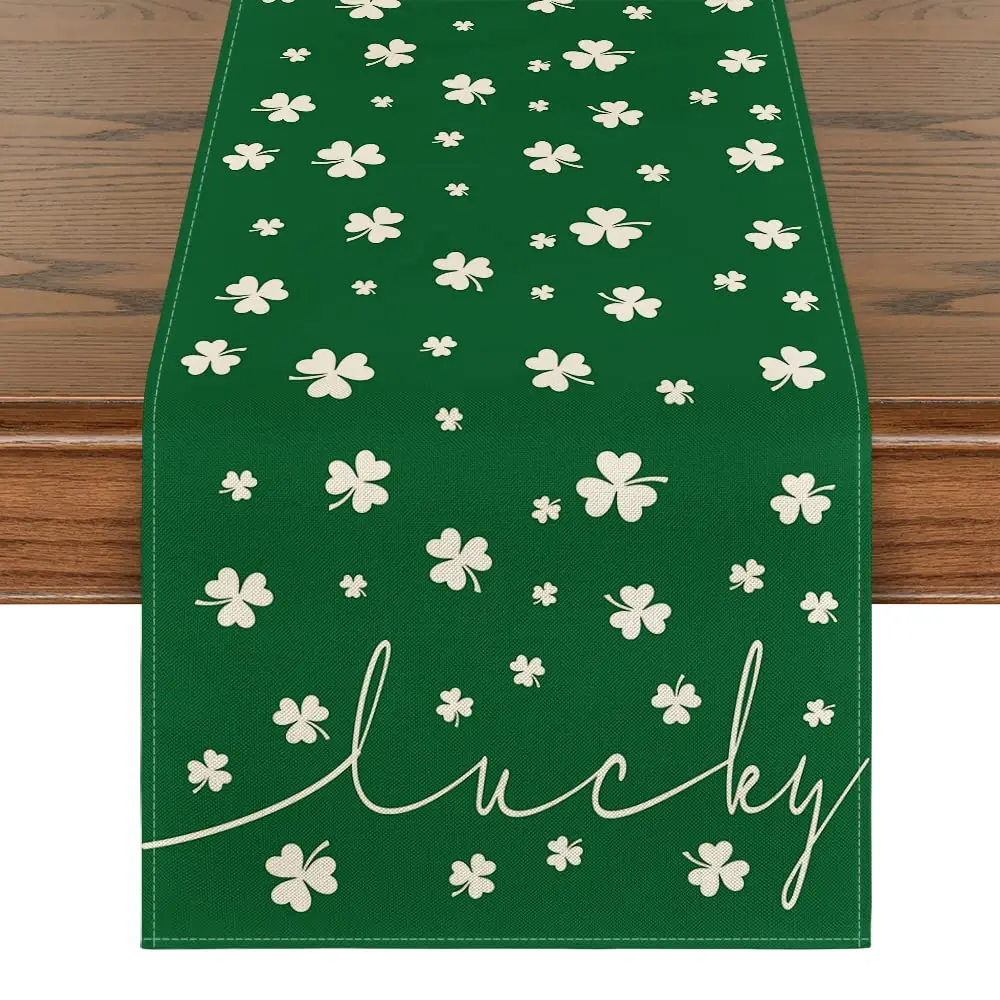 

Green Lucky Shamrock Table Runner, Seasonal Spring Holiday Kitchen Dining Table Decoration for Indoor Outdoor Home Party Decor