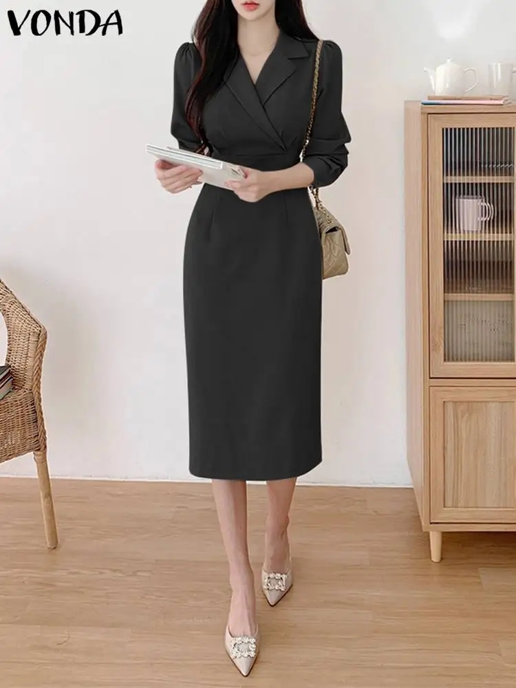 

VONDA Elegant Summer Office Midi Dress Women 2023 Vintage Solid Color Long Shirt Sundress Casual Lapel Long Sleeve Vestidos Robe