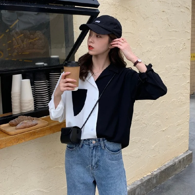 

Chiffon Loose Shirts Women New Korean Fashion Casual Long Sleeve Top Splicing Polo Collar Summer