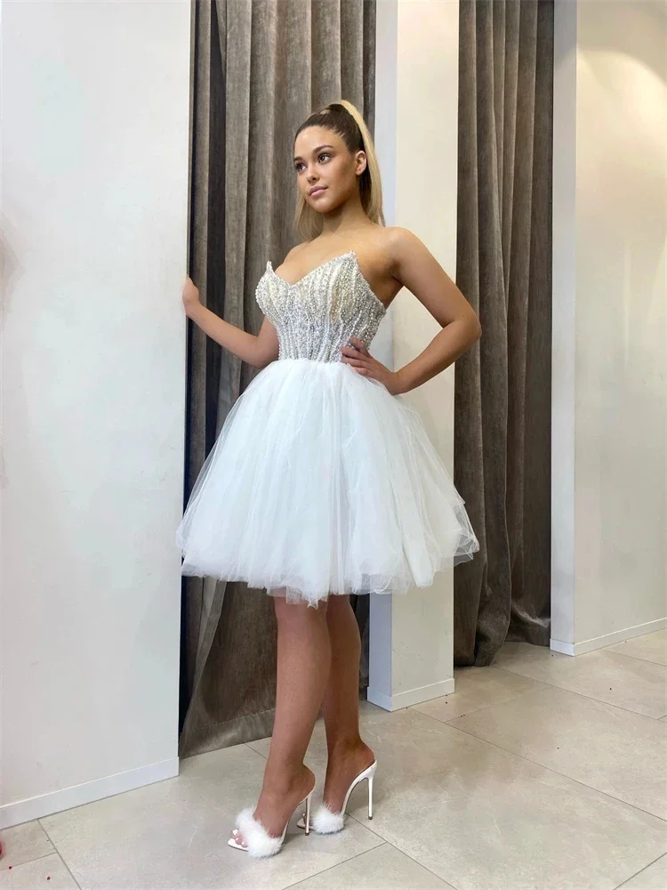 

White Sweetheart Sexy Pearls Tulle Ball Gown Prom Fashion Mini/short And Slim Elegant Women's Homecoming Dress