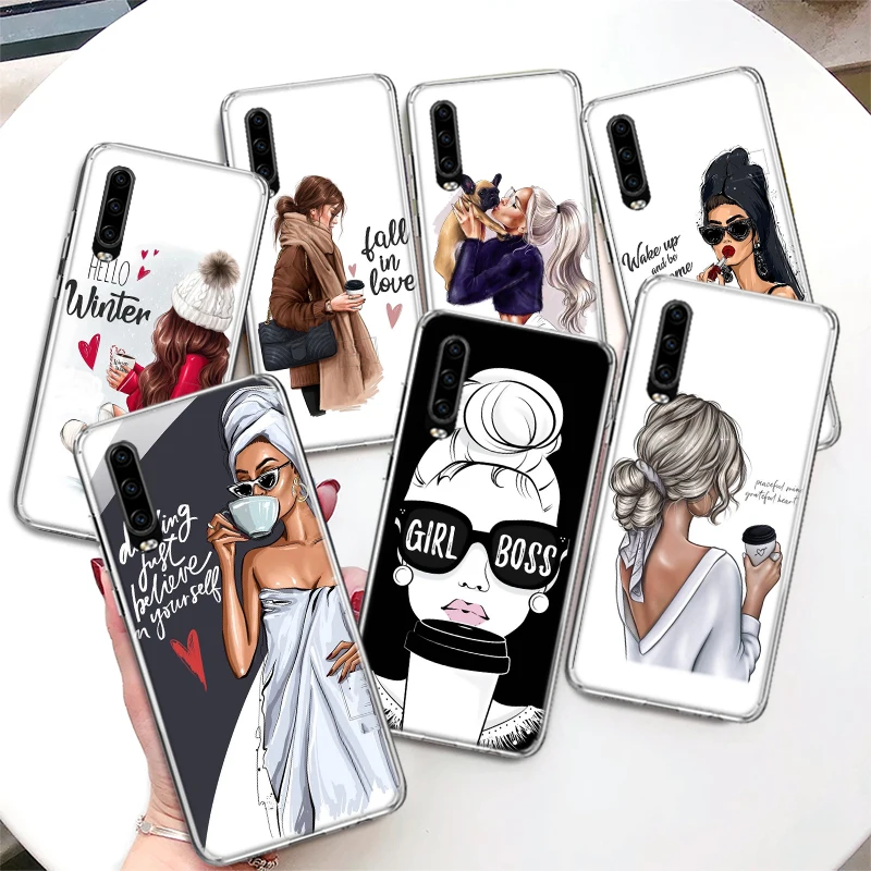 

Princess Female Boss Coffee Coque Phone Case For P30 P40 Lite P20 P10 P50 Mate 20 30 40 10 Pro Luxury Pattern Customized Soft Co
