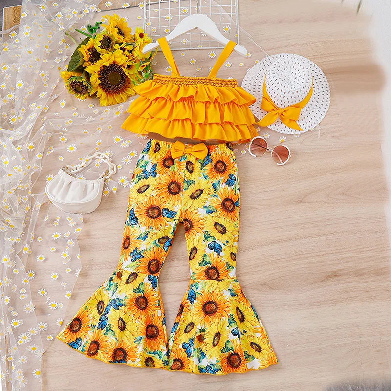 

Kids Girls Pants Set Fashion Sleeveless Ruffled Camisole Sunflower Print Flare Trousers Hat Summer Outfits For Children 4-7Years