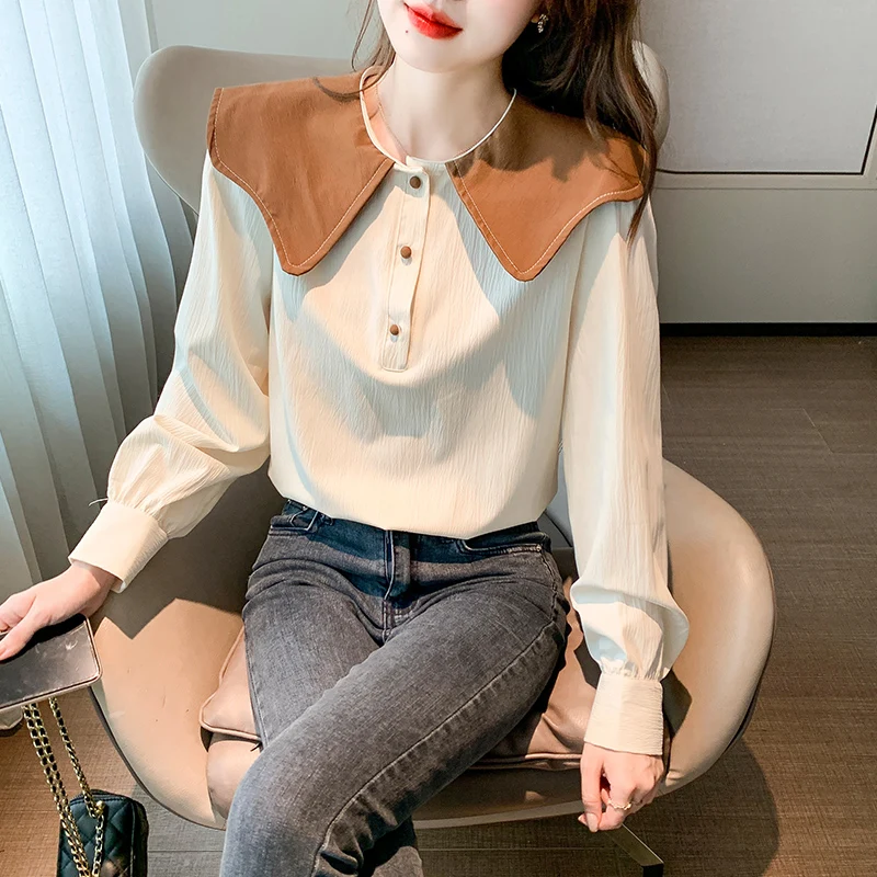 

COIGARSAM Blouse Women Spring New Long Sleeve Solid Sailor Collar Straight Apricot Blusas Womens Tops And Blouses Dropshipping