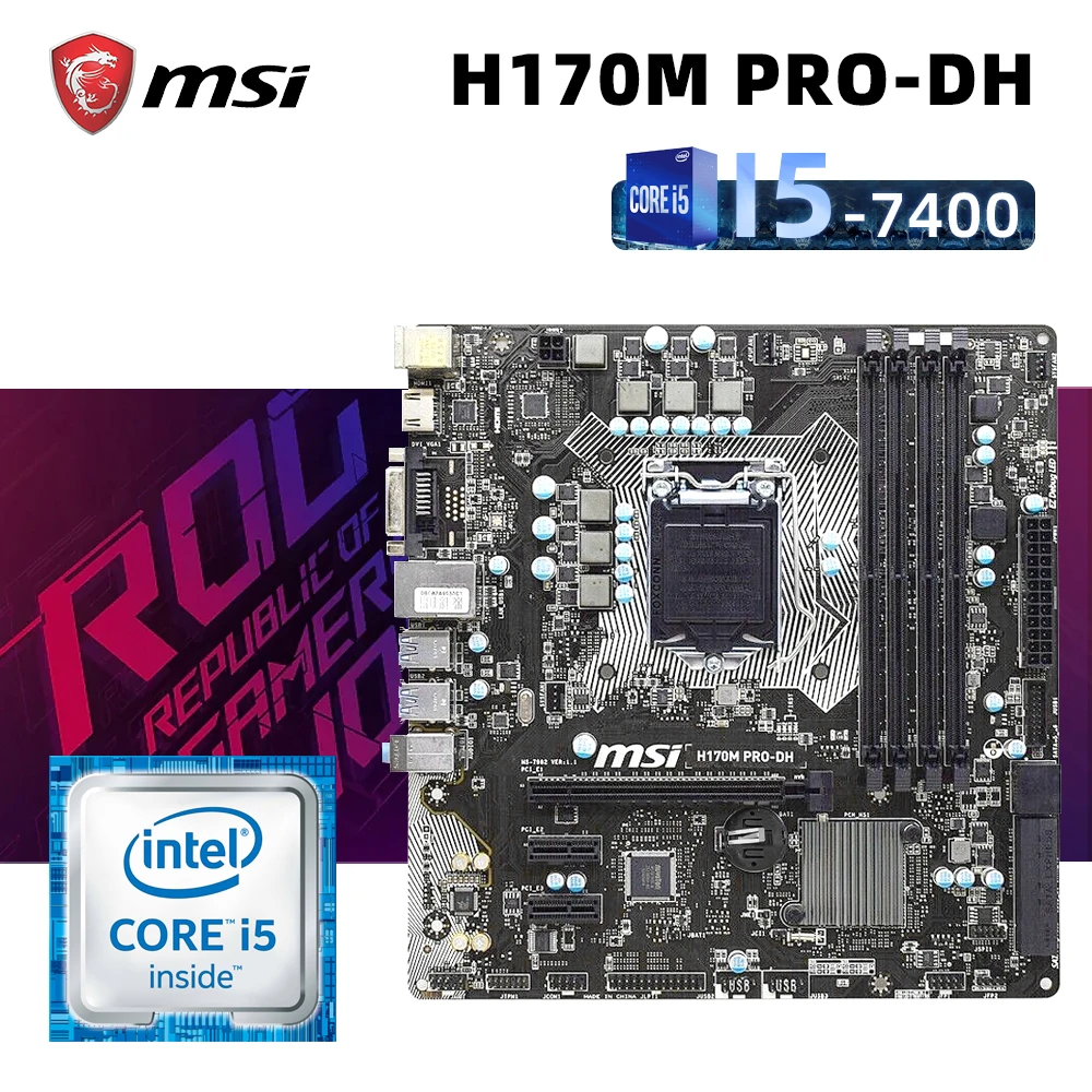 Комплект материнской платы MSI H170M PRO-DH + I5 1151 cpu intle H170 4x DDR4 64GB M.2 PCIe 7400 SATA III USB3.1 HDMI Micro ATX