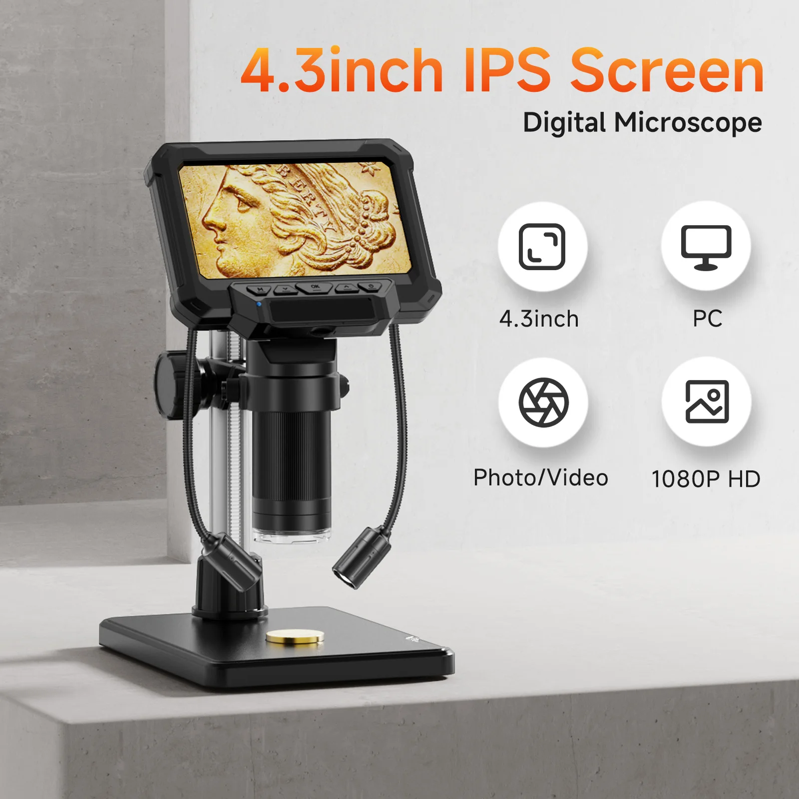 

Цифровой Микроскоп HD С Экраном 4,3 Дюйма, Увеличением 1600x, Портативный, Для Проверки Монет, С Подсветкой