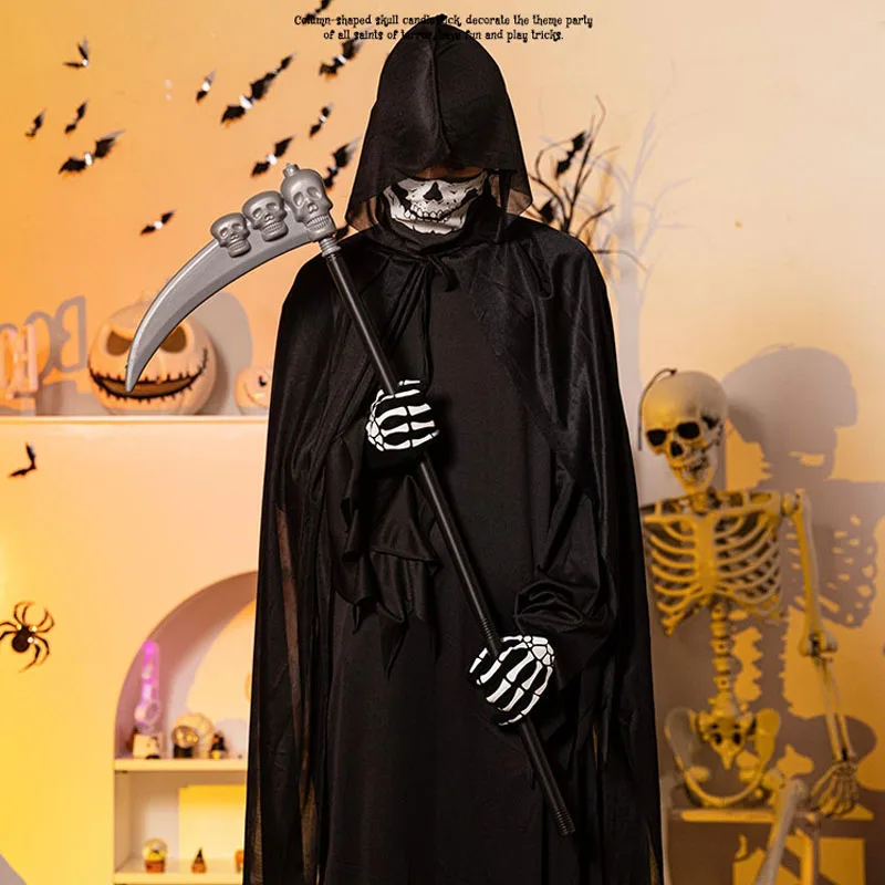 

Рождественская черная накидка Grim Reaper, косплей-костюм, ужас, смерть, серп, перчатки, искусственная кожа, маскарад, карнавал, искусственная накидка, подарок