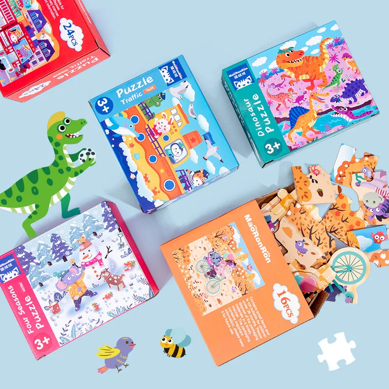 

4 In 1 Wooden Jigsaw Puzzle Kids Toy Cartoon Dinosaur Animal Wood Puzzles Game Baby Early Educational Toys for Children