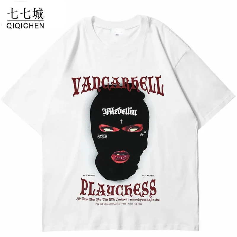 

Hip Hop Summer T-Shirt Men Street Evil Mask Printed Punk Harajuku Tee Shirts Mens 2022 Cotton Short Sleeve Tshirts Loose Tops