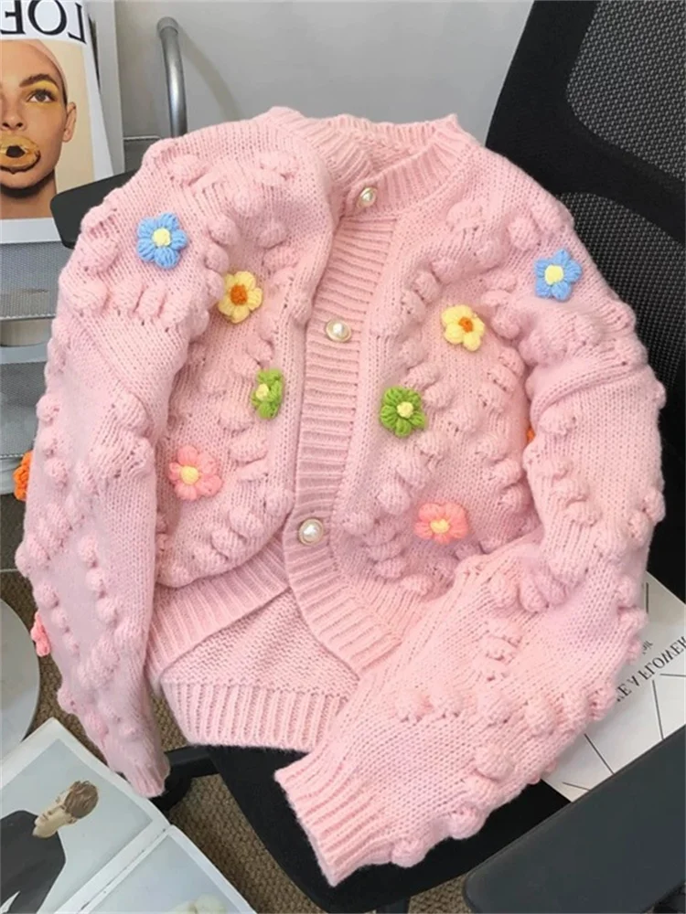 

Hsa 2022 Sweater Women Cardigan Handmake Irregular Floral Chic Tops Pearl Button Knitted Casual Fall Winter Sweet Clothes