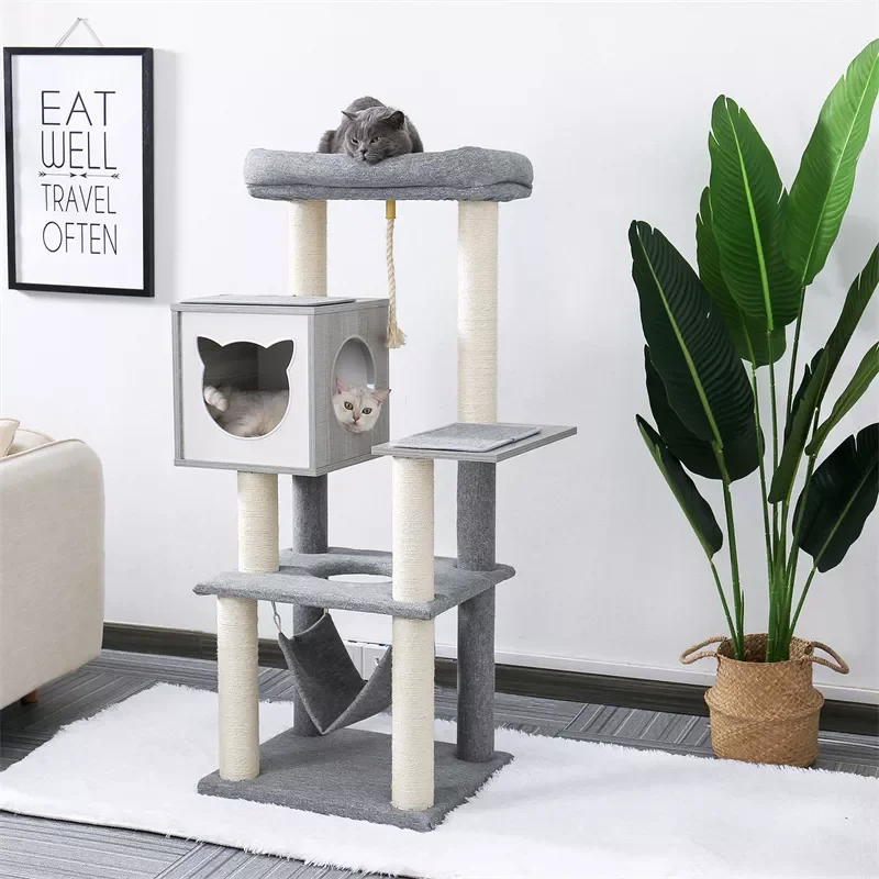 NEW Domestic Cat Tree Tower with Hammock Scratching Post Cat Condo Nest Funny Toy Cat Gray Crawler Tree Scratched Scissors Tree