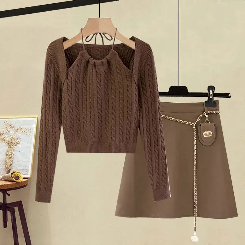 

Women Solid Long Sleeve Knit 2 Pieces Set Knitted Crop Top High Waist Skirts Suit 2023 Spring Fall Female Outfit