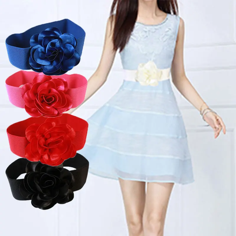 

Big Ribbon Bow Flower Belt Wide Waist Belt High Elastic Waistband Oversized Floral Cummerbunds Stretch Sashes Waist Sea Sweet