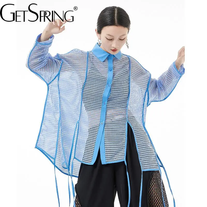 

GetSpring Women Coat Mesh Hollow Out Sunscreen Clothes 2022 Summer New Loose Split Top Fashion All Match Casual Ladies Jacket
