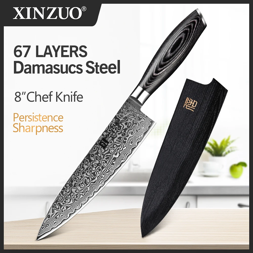 

XINZUO 8'' Chef Knife Gyuto Knife Japanese Style VG10 Damascus Kitchen Knives Stainless Steel Butcher Knife Pakka Wood Handle