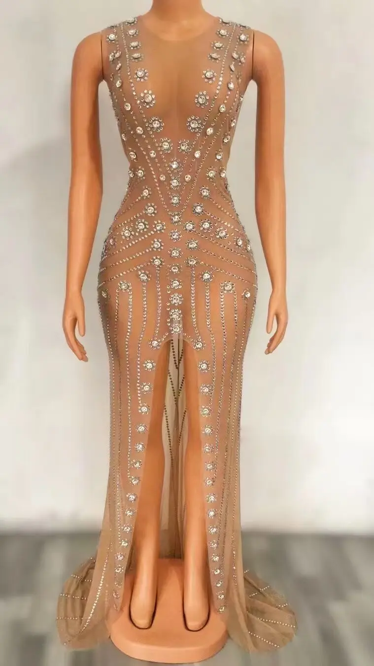 

Flashing Silver Rhinestones Transparent Long Train Dress Women Dancer Party Show Clothes evening Birthday Celebrate Costume