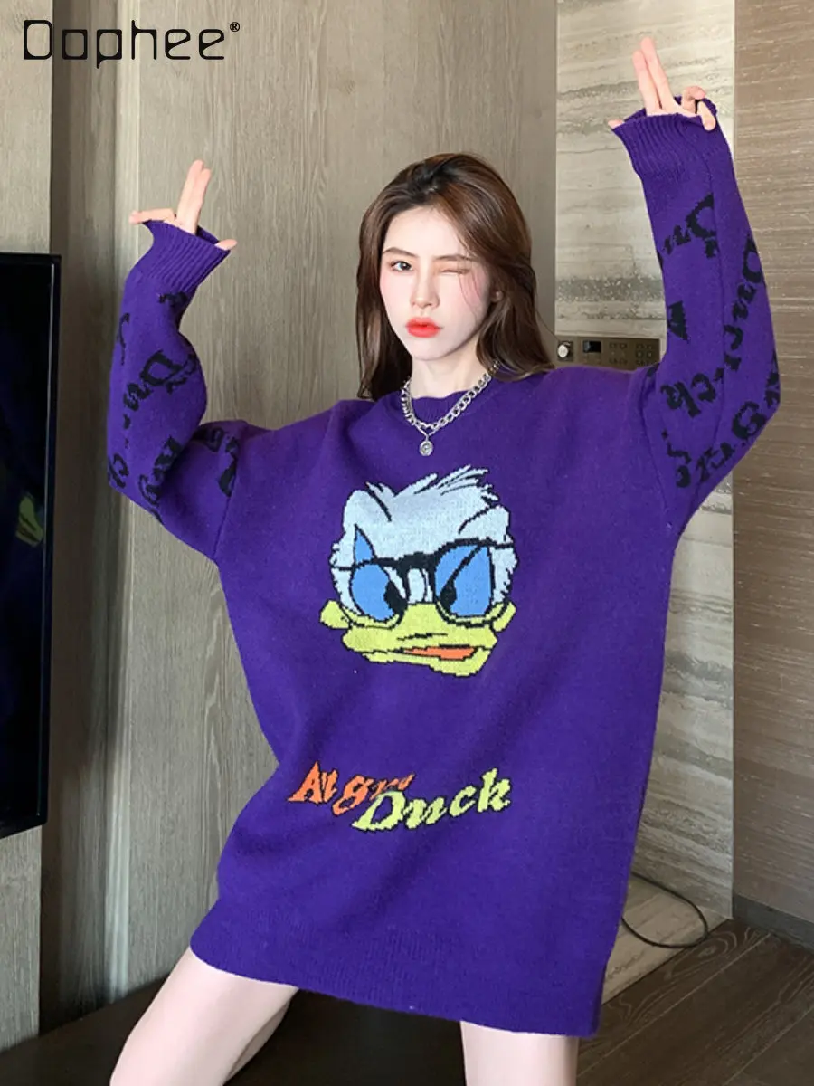 2022 Autumn and Winter New Loose Pullover Sweater Coat Women's Round Neck Long Sleeve Cartoon Embroidery Thickening Knitwear Top