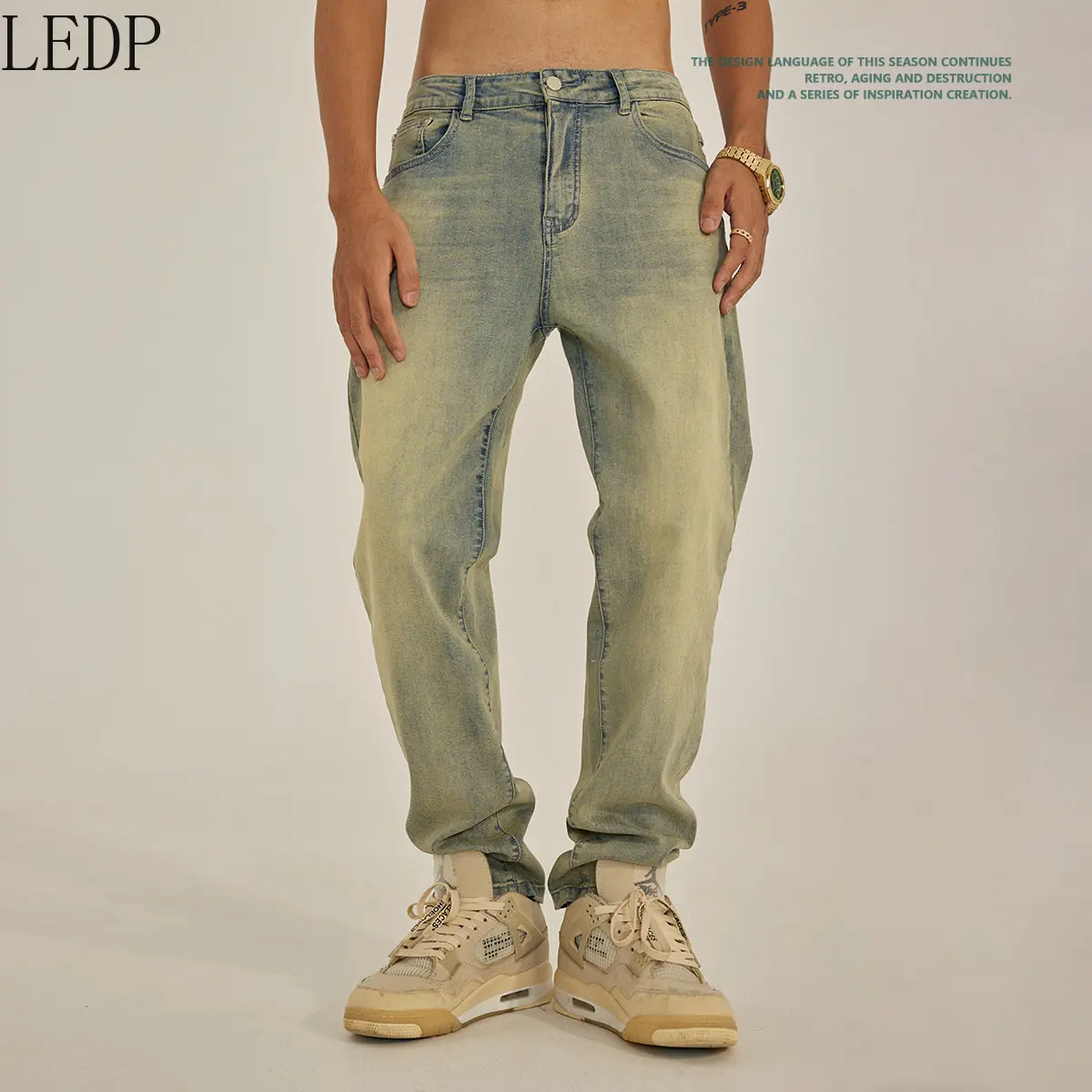 Autumn and Winter Yellow Mud Color Split Jeans Fashion Brand High Elastic Distressed Skinny Pants Men's American High Street