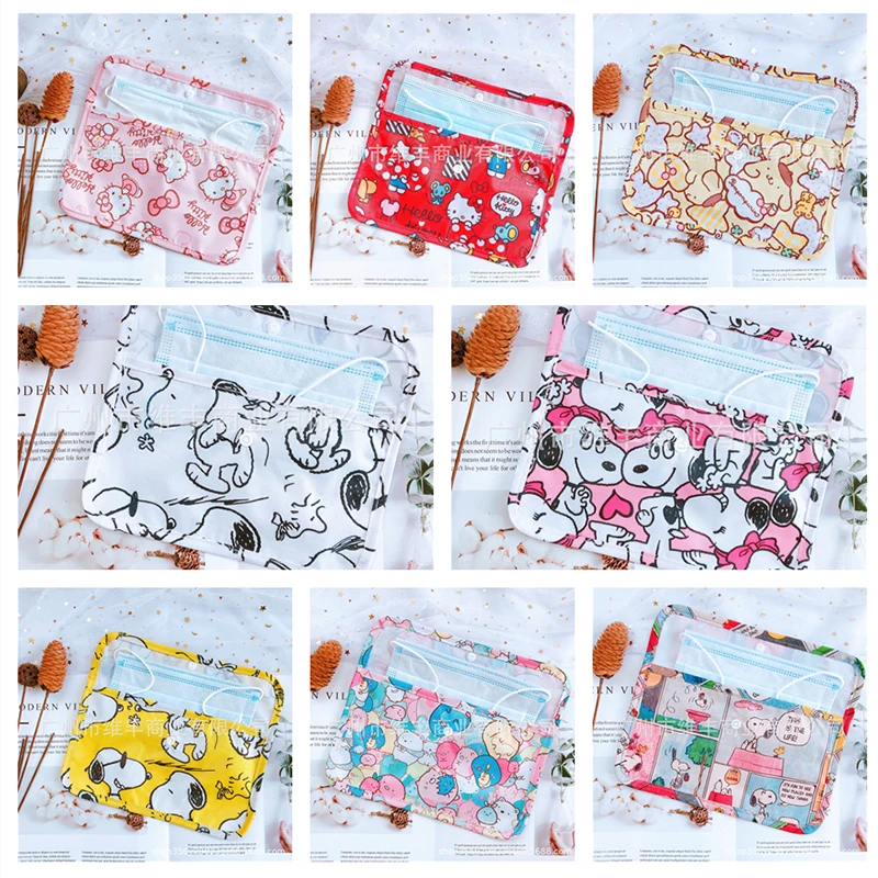 

Kuromi Cinnamon Kittys Melody Snoopys Anime Face Mask Storage Bag Kawaii Cartoon Portable Waterproof Mask Organizer Holder Pouch