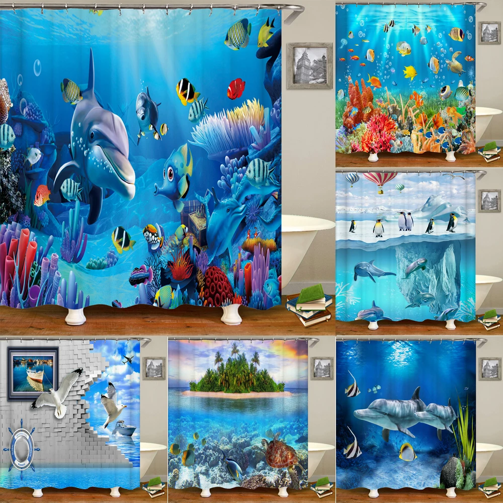 

Underwater World Fish Turtle 3d Shower Curtains Ocean Dolphin Sea Scenery Fabric Waterproof Bath Curtain Bathroom Decor Screen