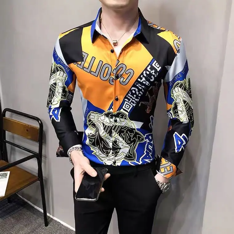 Men's Spring and Autumn Flower Shirt Long Sleeve Korean Fashion Slim Fit Printed Shirt Handsome Personality Top