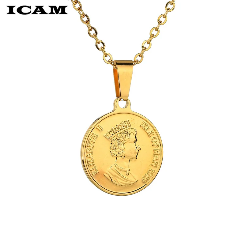 Женское ожерелье ICAM из нержавеющей стали золотого цвета Элизабет II монеты Mujer