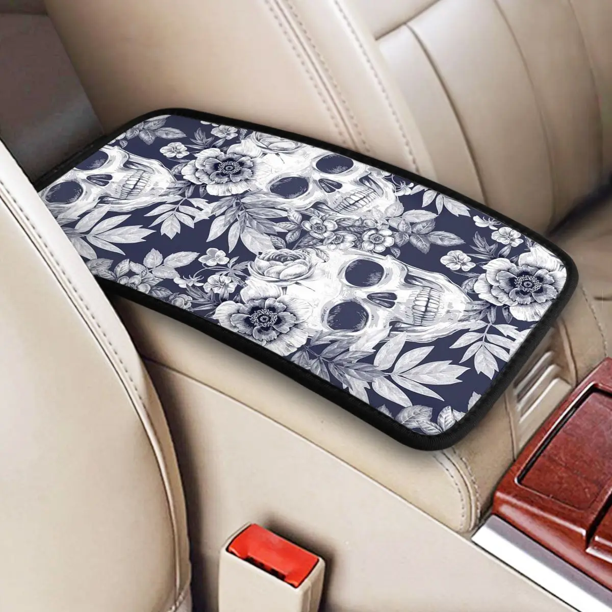 

Death Skull Gothic Flowers Car Arm Rest Cover Mat Universal Center Console Cover Pad Auto Interior
