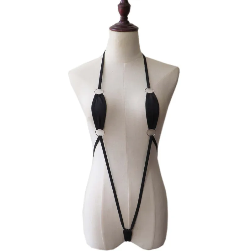 

bikini Sexy Solid color Hanging neck Tether Metal ring link Exposed swimwear women one piece swimsuit women biquini bikinis
