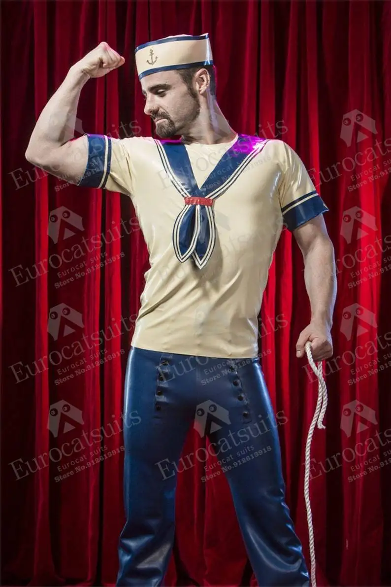 

Latex Mens Sailor T Shirt sexy bodysuits cosplay bondage fetish costume sexy mens uñderwear fetish wear stripper outfit