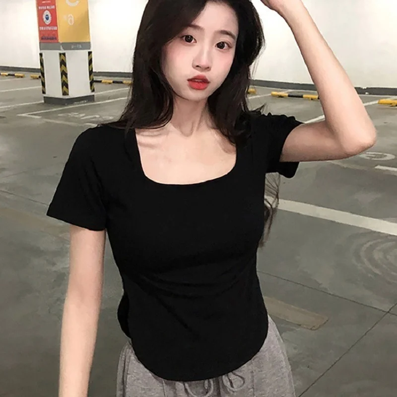 

Korean Fashion Casual T Shirt Short Sleeve Tees Summer Clothes For women Slim Tshirt White Crop Top Streetwear Camisetas Mujer