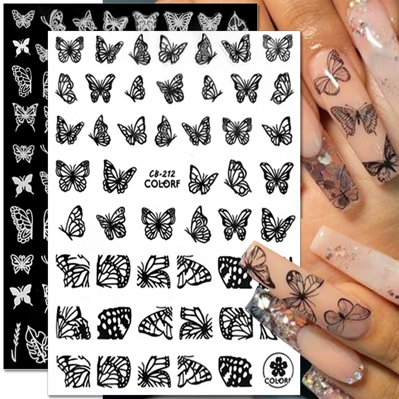 

1 Sheet Laser Butterfly Gold Silver Black White Nail Stickers 3D Holographic Hollow Out Butterflies Nail Decals Art Decotaion
