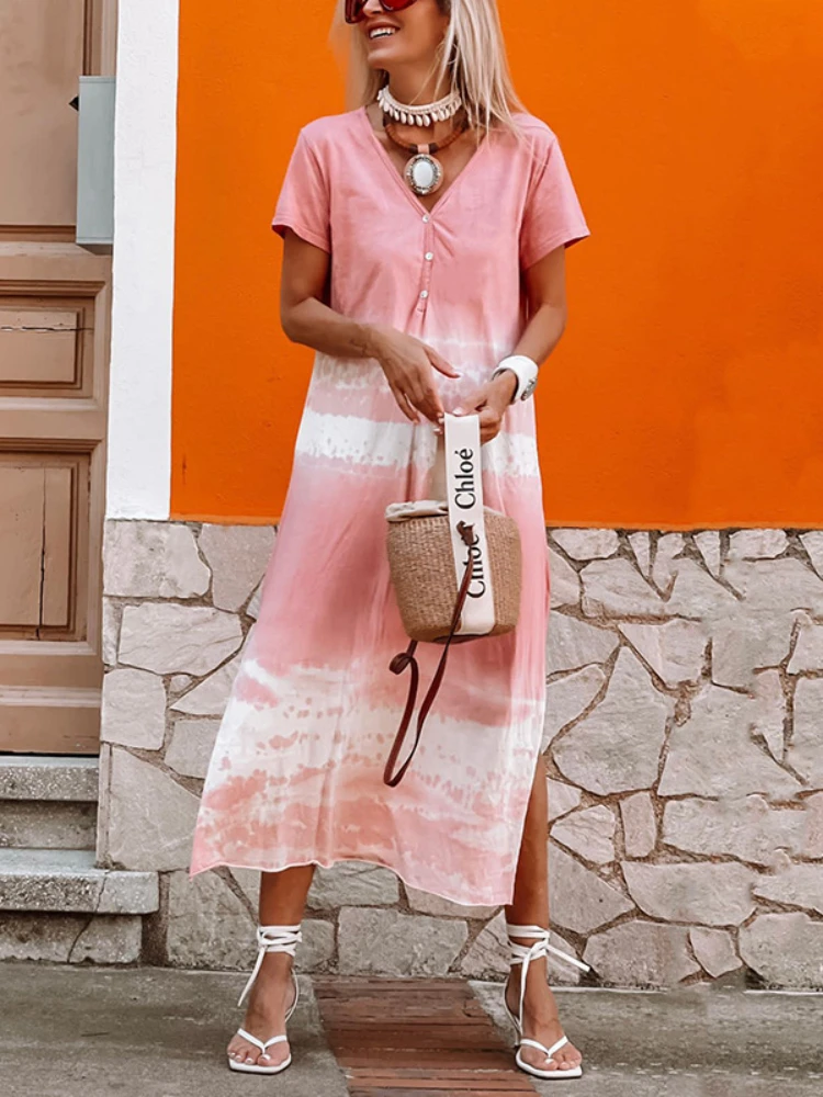 

Women Elegant Fashion Gradient Print Dresses Short Sleeve V Neck Slit Single Breasted Casual Streetwear Maxi Dress 2022 Summer