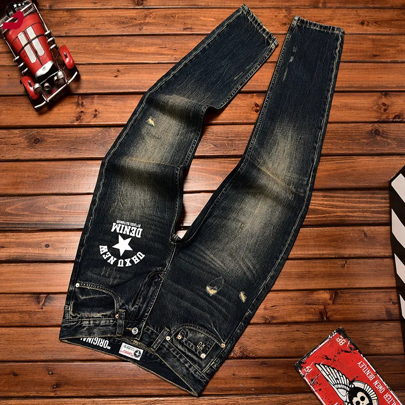 Джинсы высокого качества для мужчин осень 2024 модные стильные потертые
