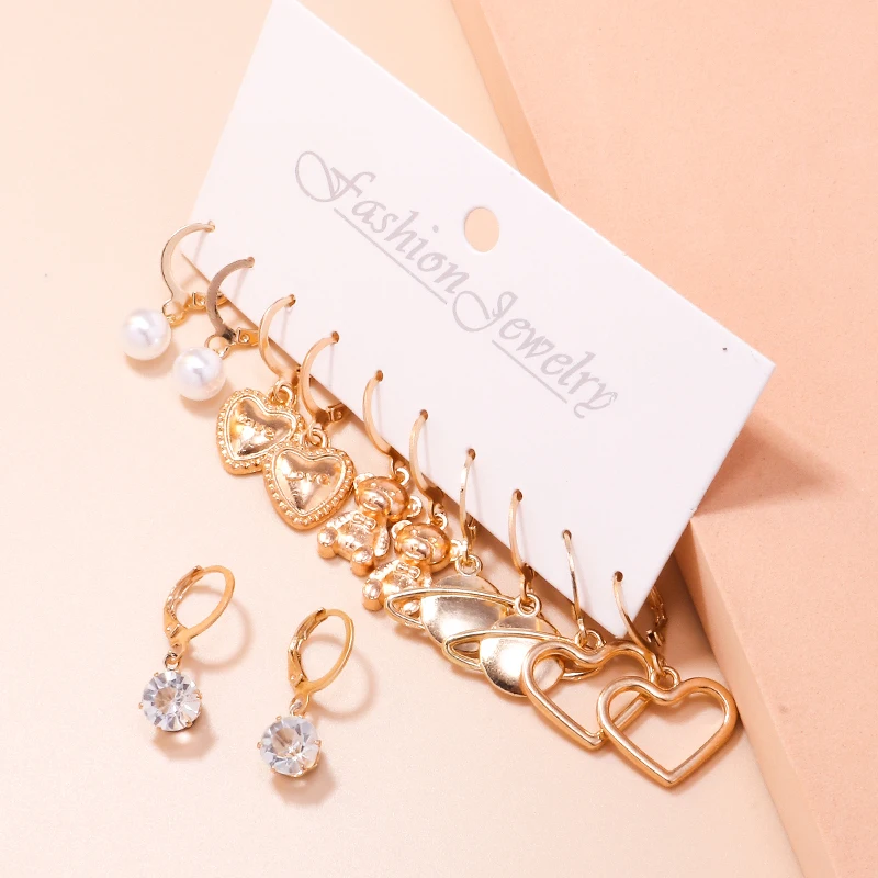 

Vintage Girls Pearl Crystal Dangle Earring Set Gold Color Snake Butterfly Heart Bear Hoop Earrings For Women Party Jewelry Sets